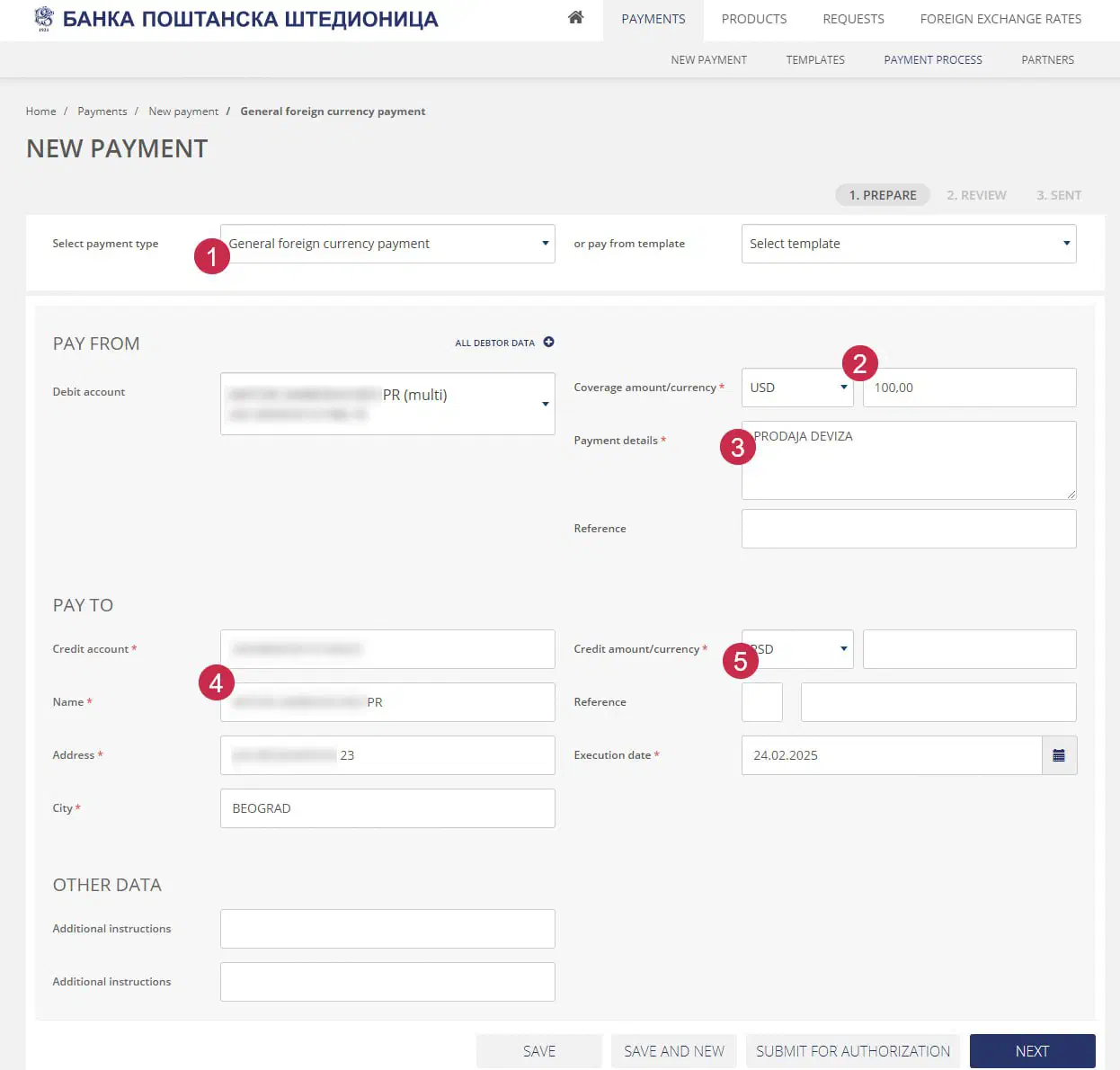 Пример конвертации USD в динары в личном кабинете бизнеса