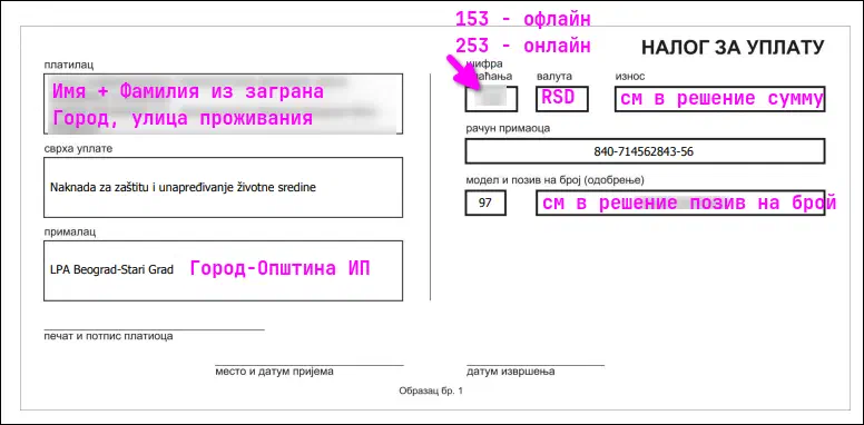 Пример платежки по решению ЭКО таксы